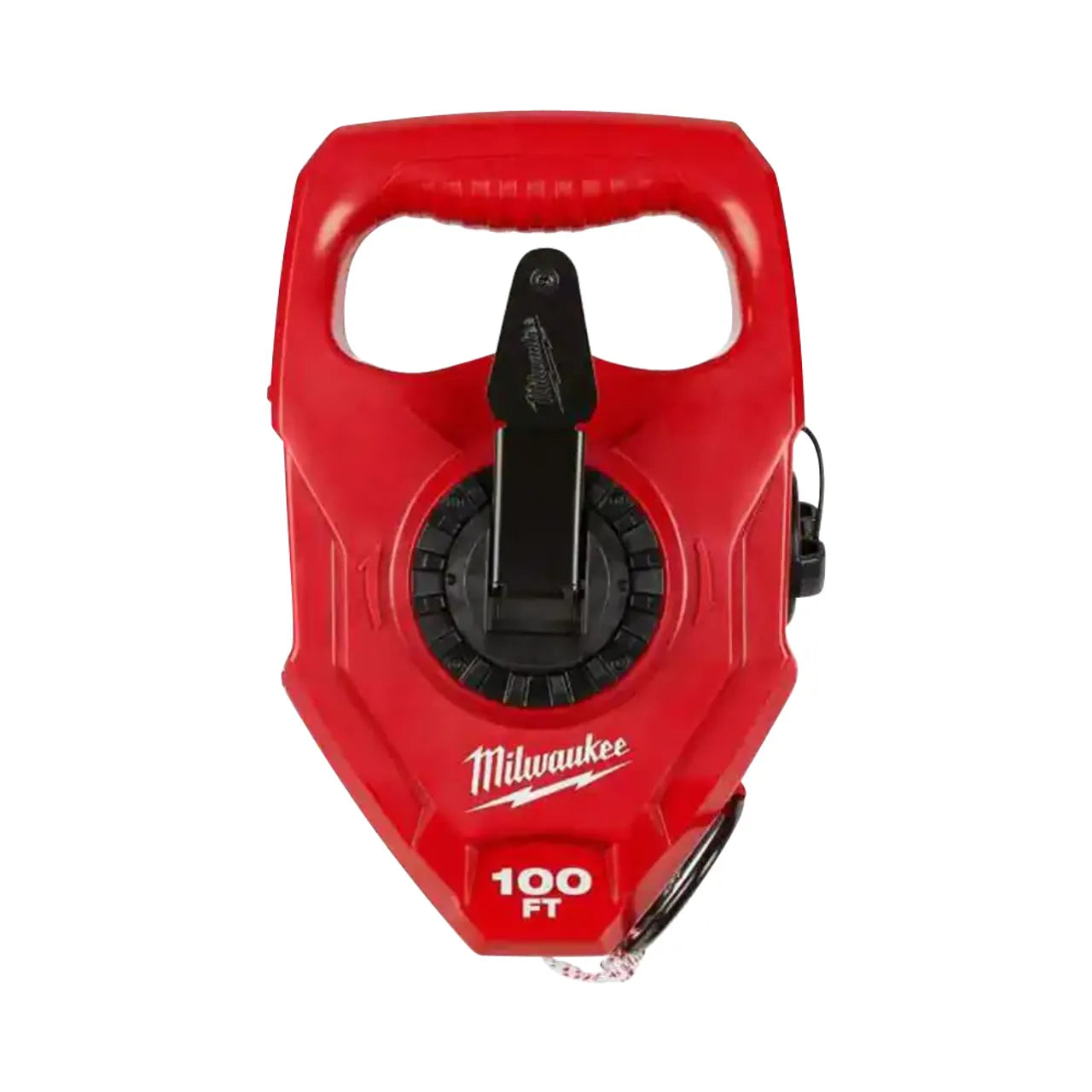A red Go Build 100 ft. Extra Bold Large Capacity Chalk Reel with black handle and winding mechanism, designed for marking extra bold lines on construction or carpentry surfaces. Brand: Go Build, The Fastest Way To Build.